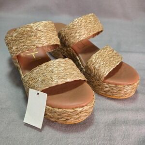 BEACH by Matisse Seaview Platform Sandals Cognac Raffia Woven Wedge Boho Size 9